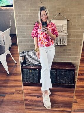 THML Pink and Orange Floral Button-Front Blouse